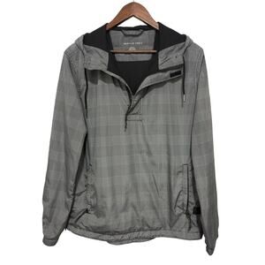 American Eagle Womens M Plaid Hooded Windbreaker Jacket Gray Black Rain Coat